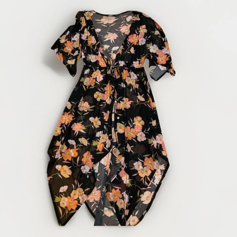 CURE black Sheer Floral Kimono Size S Women Casual Tie Front AL2